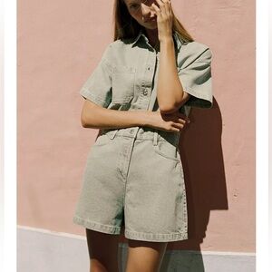 Zara Light Olive Green Denim Romper Shorts Size Medium